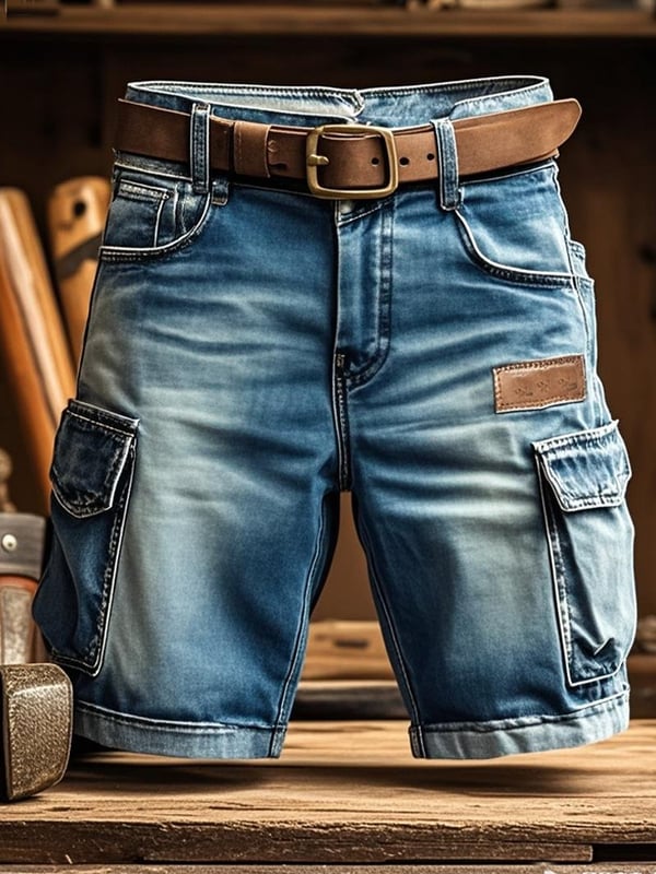 Pantaloni Scurți Funcționali Din Denim Retro Clasic Pentru Bărbați Pentru Exterior