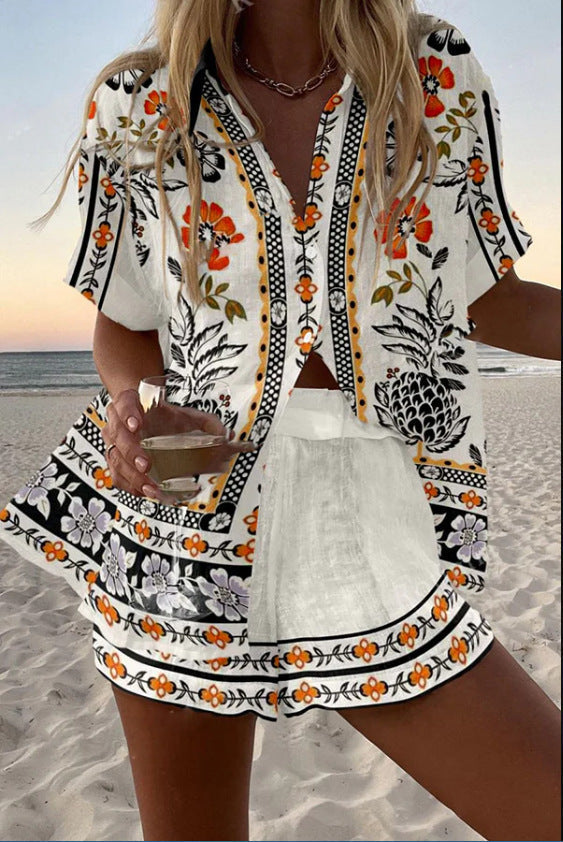 Irella - Costum Scurt Din In Cu Imprimeu Floral