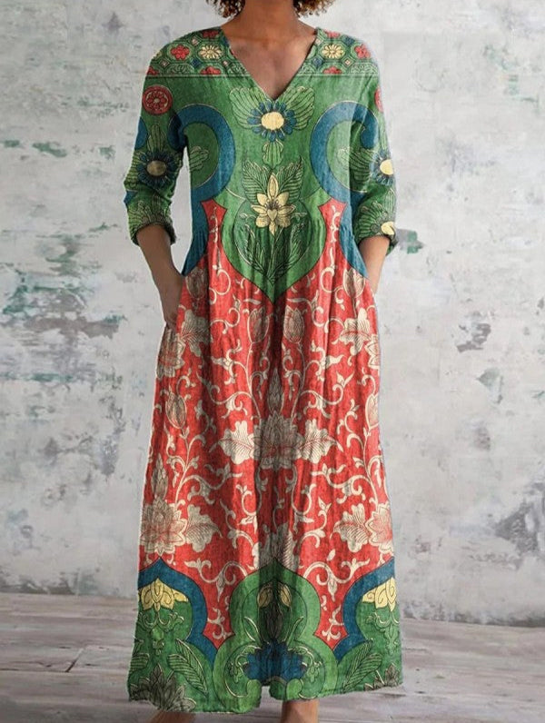 Abriella - Rochie Lungă Cu Imprimeu Lotus Si Buzunare