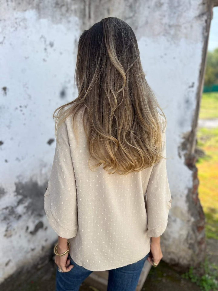 Lyutsiya - Cămașă Cazuală Cu Guler Rotund și Manșete Mari Brodate