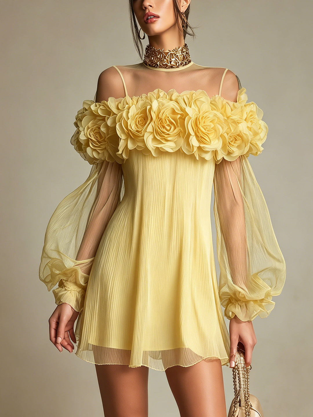 Liziana – Rochie Mini Plisată cu Ornamente Florale 3D