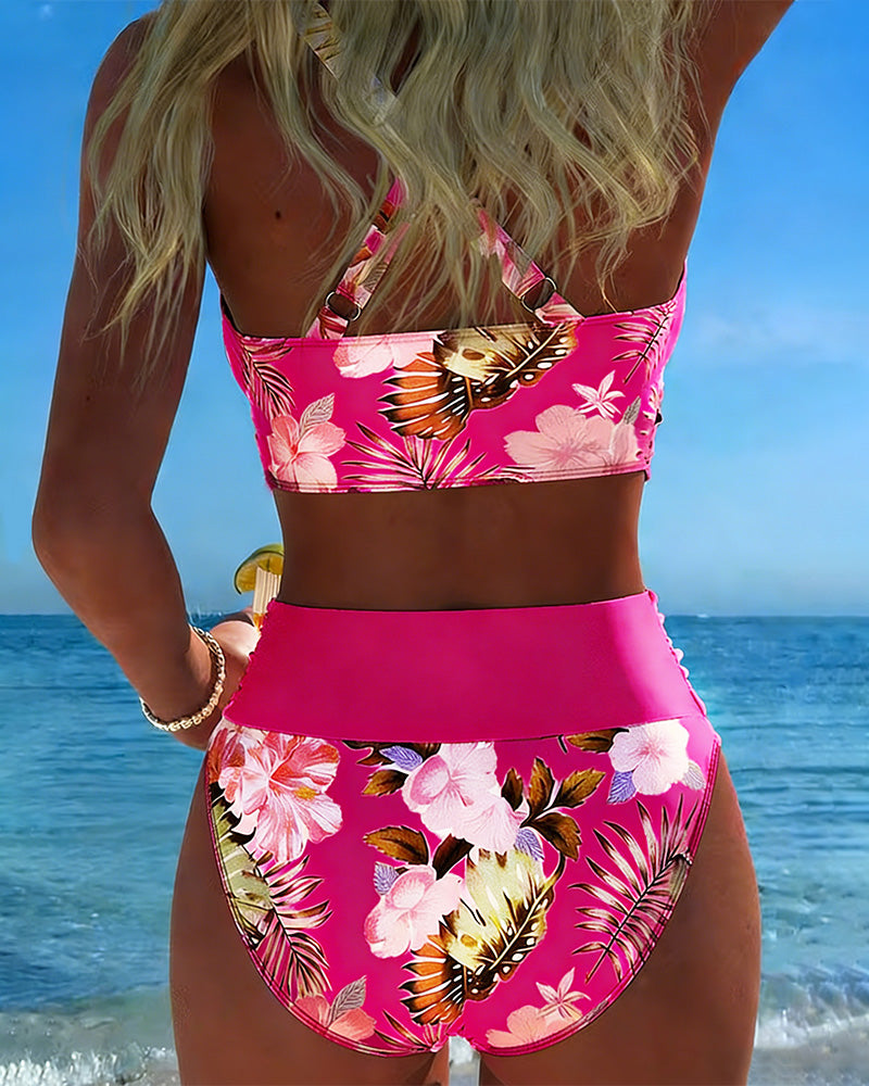 Hinari - Set de Bikini cu Talie înaltă și Imprimeu Floral