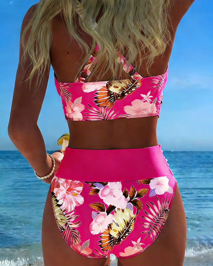 Hinari - Set de Bikini cu Talie înaltă și Imprimeu Floral