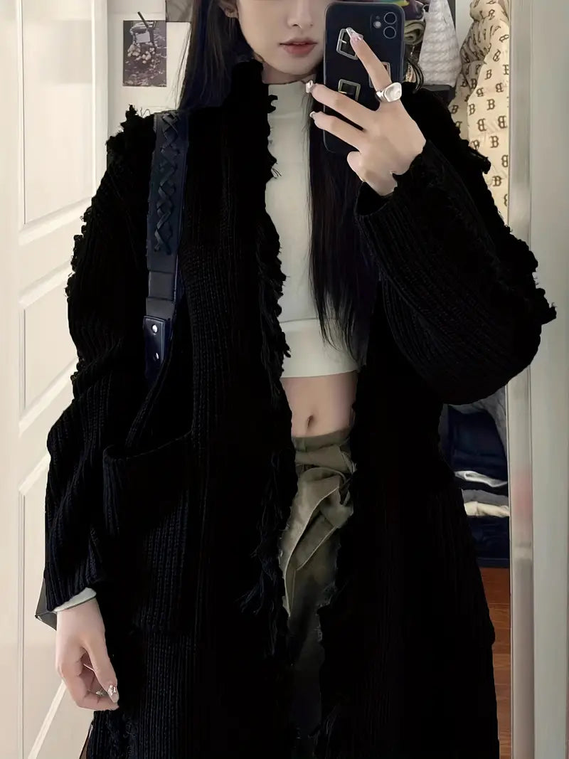 Ramziya - Elegant Lung Ciucure Cardigan Cu Buzunar
