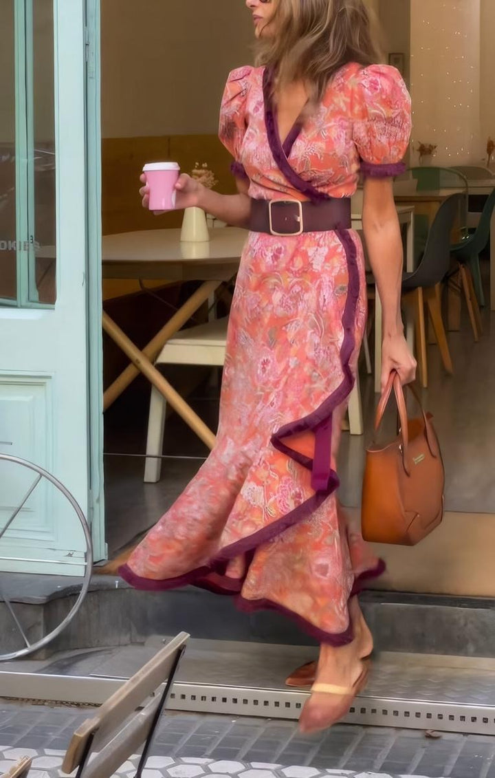 Eliett - Rochie Lungă cu Mâneci Scurte Bufante și Fustă Asimetrică