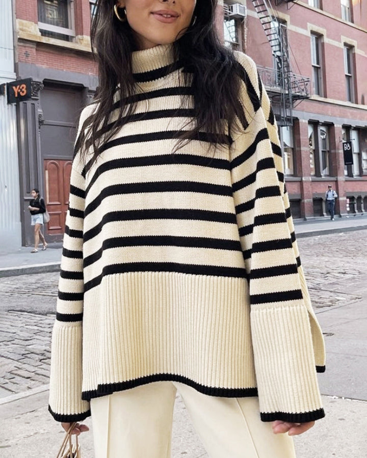 Kynesia - Pulover Cu Guler înalt și Dungi Oversized