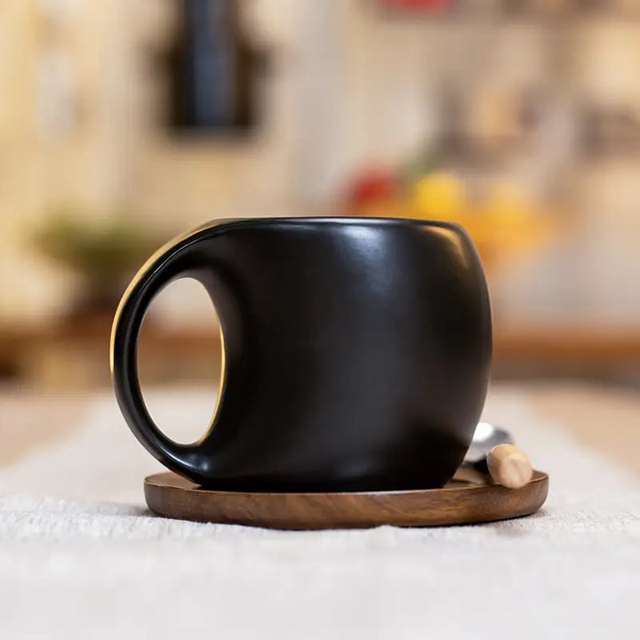 ClayHaven - Cană De Cafea Din Ceramică Cu Farfurie Din Lemn