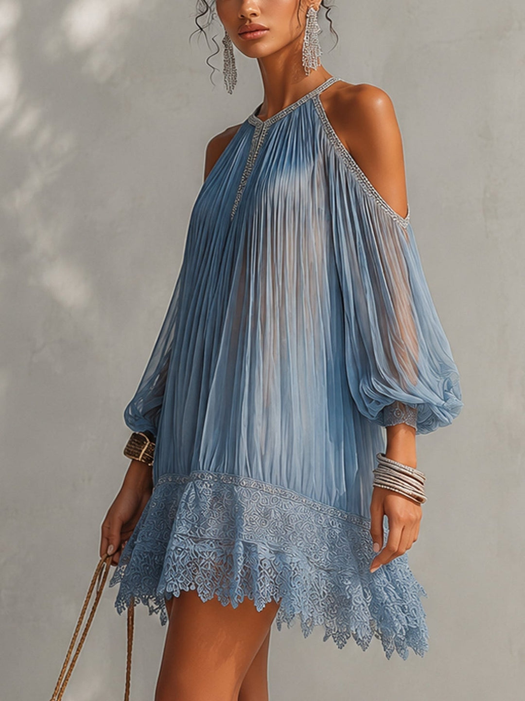 Viyana - Rochie Mini Plisată Cu Umeri Descoperiți