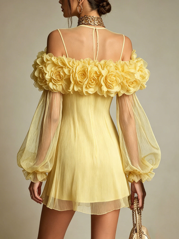 Liziana – Rochie Mini Plisată cu Ornamente Florale 3D