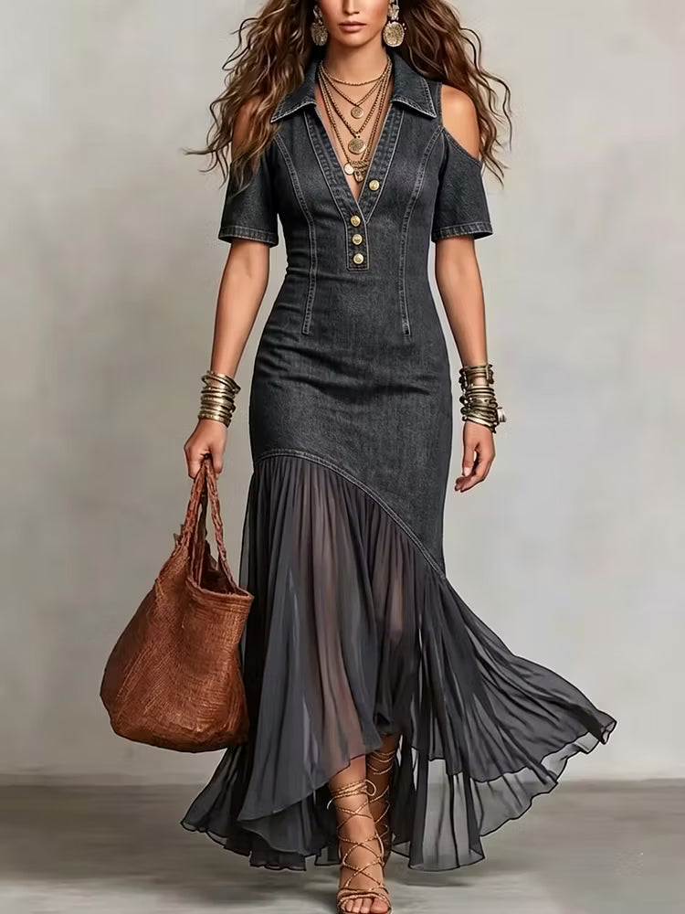 Presley - Rochie Maxi Din Denim cu Nasturi