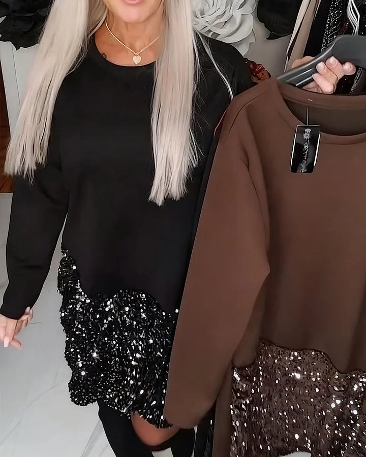 Ksenija - Rochie Cu Guler Rotund și Patchwork Cu Paiete