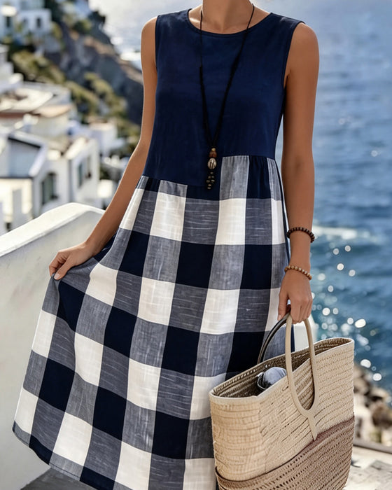 Suzina - Rochie Fără Mâneci în Stil Patchwork, Cu Imprimeu în Carouri