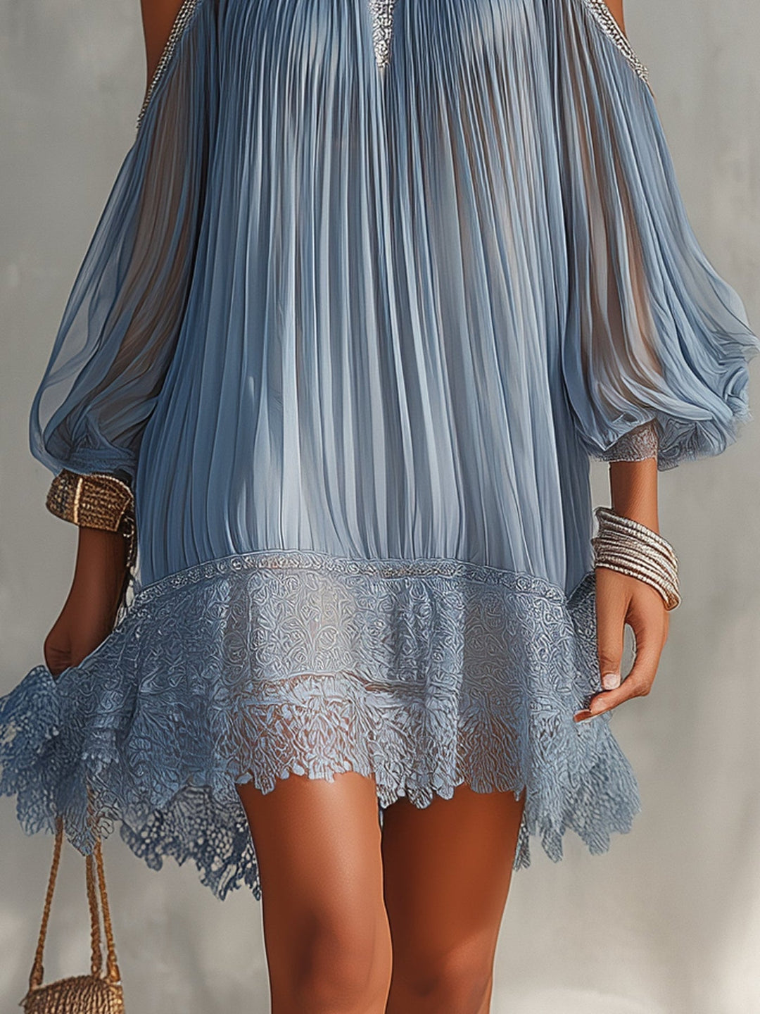 Viyana - Rochie Mini Plisată Cu Umeri Descoperiți