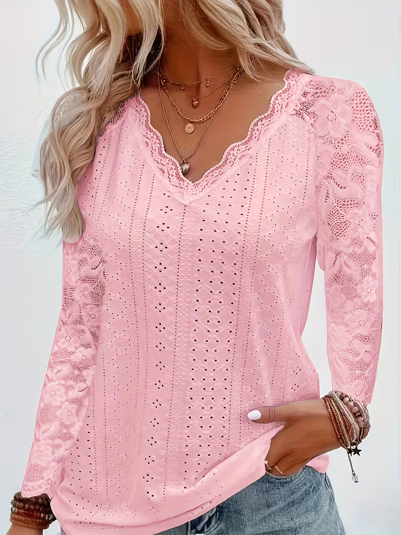 Shaleva - Cămașă Elegantă cu Mâneci Lungi și Decolteu în V Din Dantelă