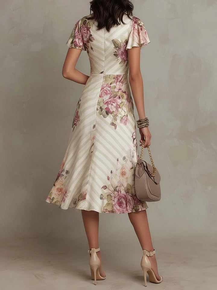 Neomi - Rochie Elegantă Din Satin Cu Imprimeu Floral Retro