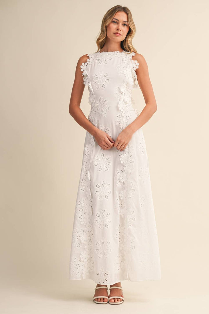 Azalia - Rochie maxi fără Mâneci, cu Broderie Florală