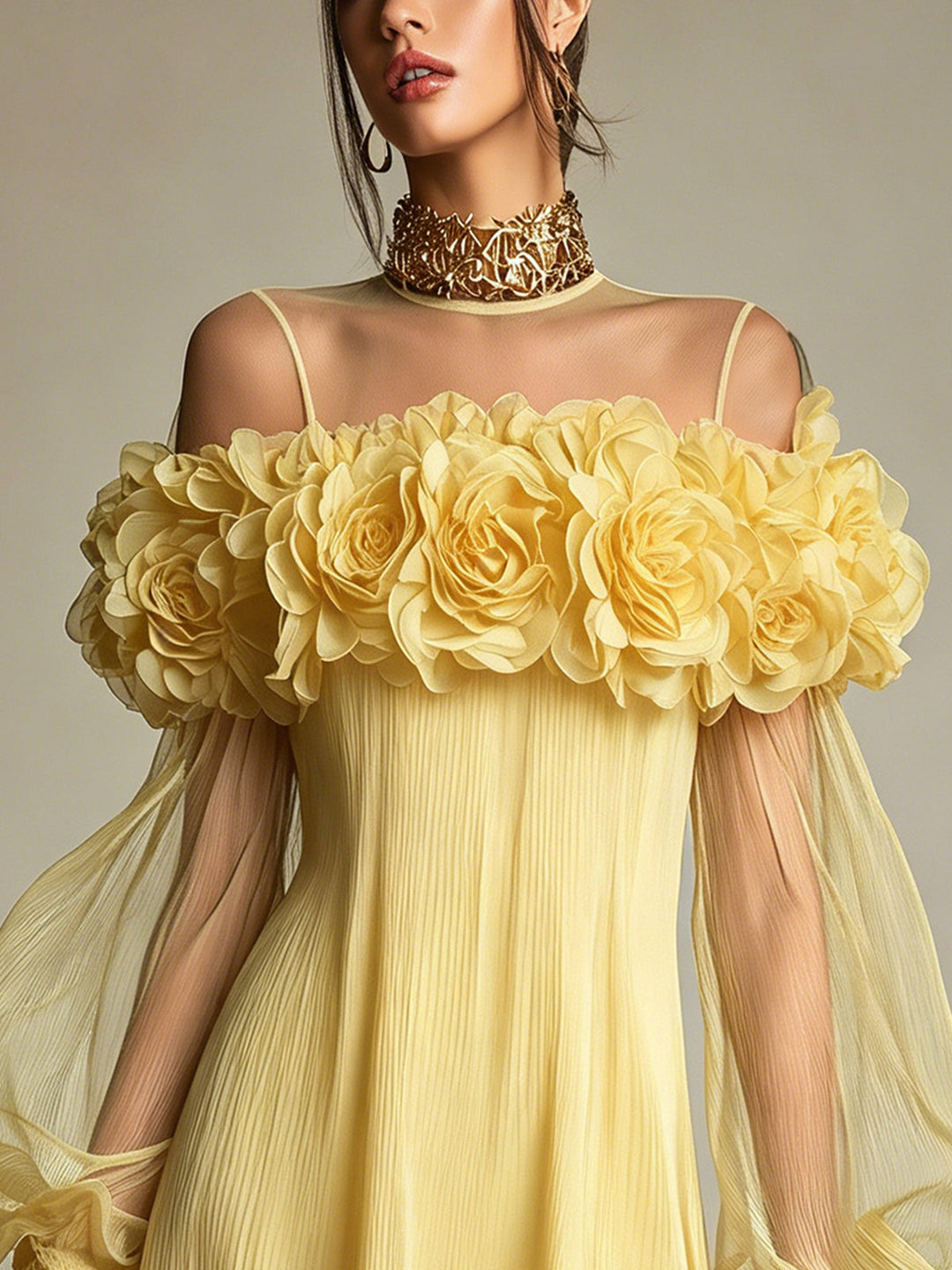 Liziana – Rochie Mini Plisată cu Ornamente Florale 3D