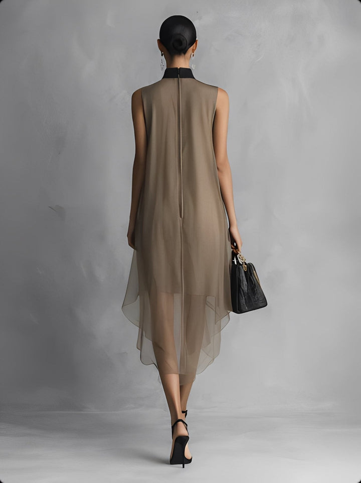 Yupha - Rochie MIDI Asimetrică  Transparentă Cu Guler Înalt