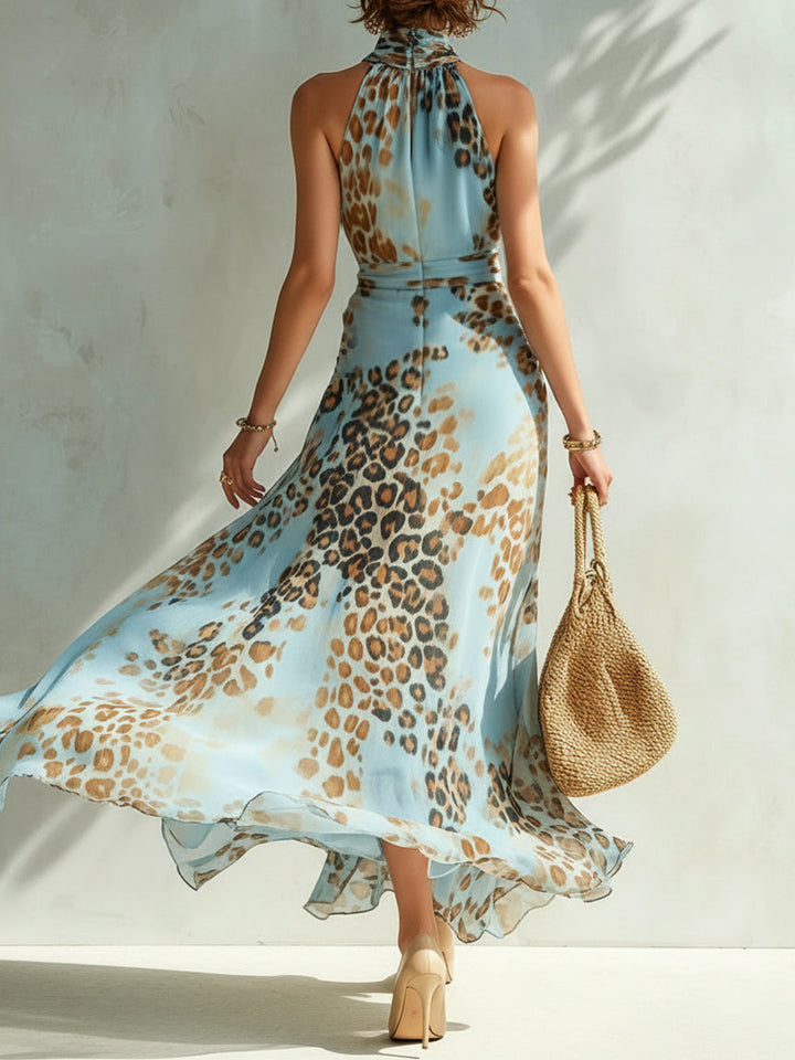 Nekolina - Rochie Lungă Cu Gât Halter și Imprimeu Leopard