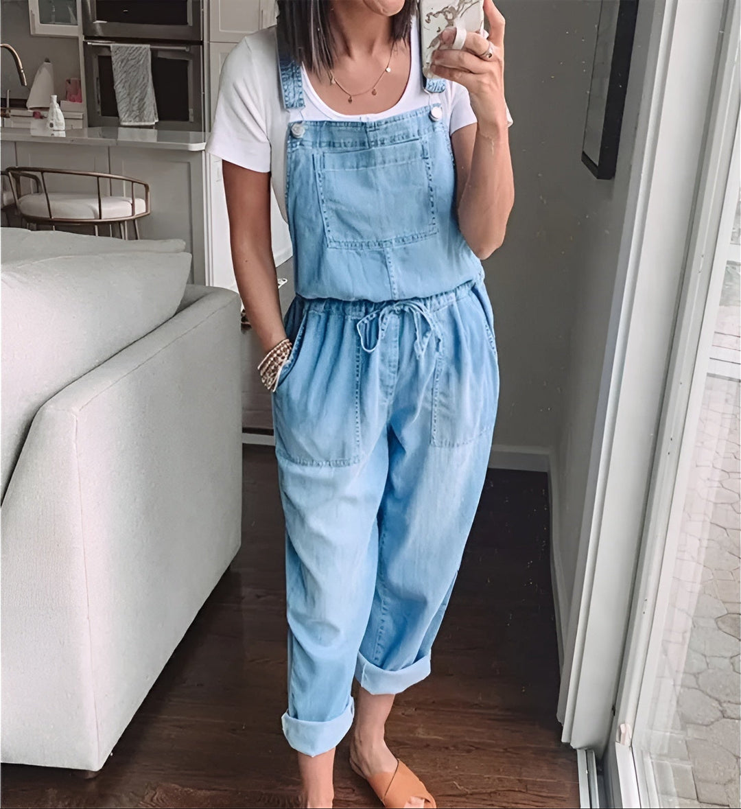 Carly - Salopetă Casual Din Blugi Cu Snur La Talie