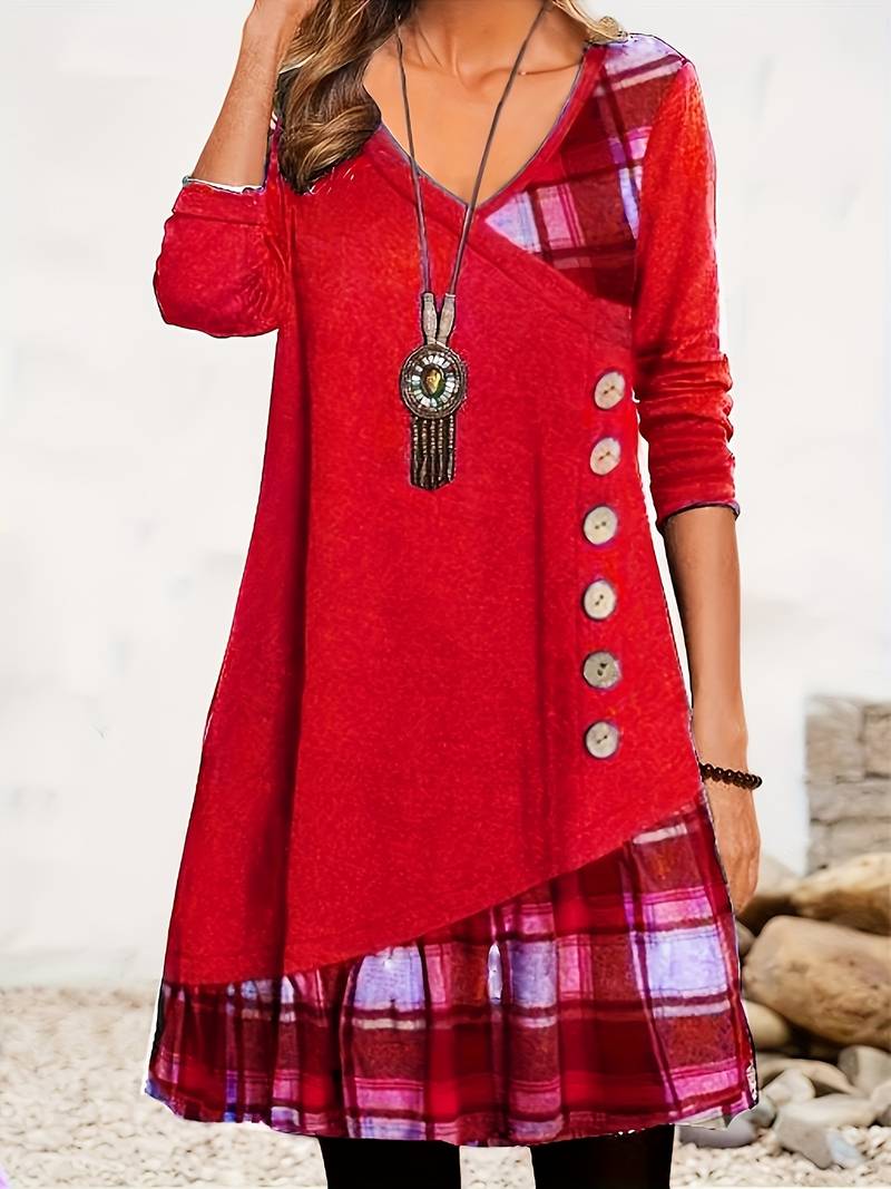 Alinor - Rochie Casual cu Mâneci Lungi în Carouri și Patchwork
