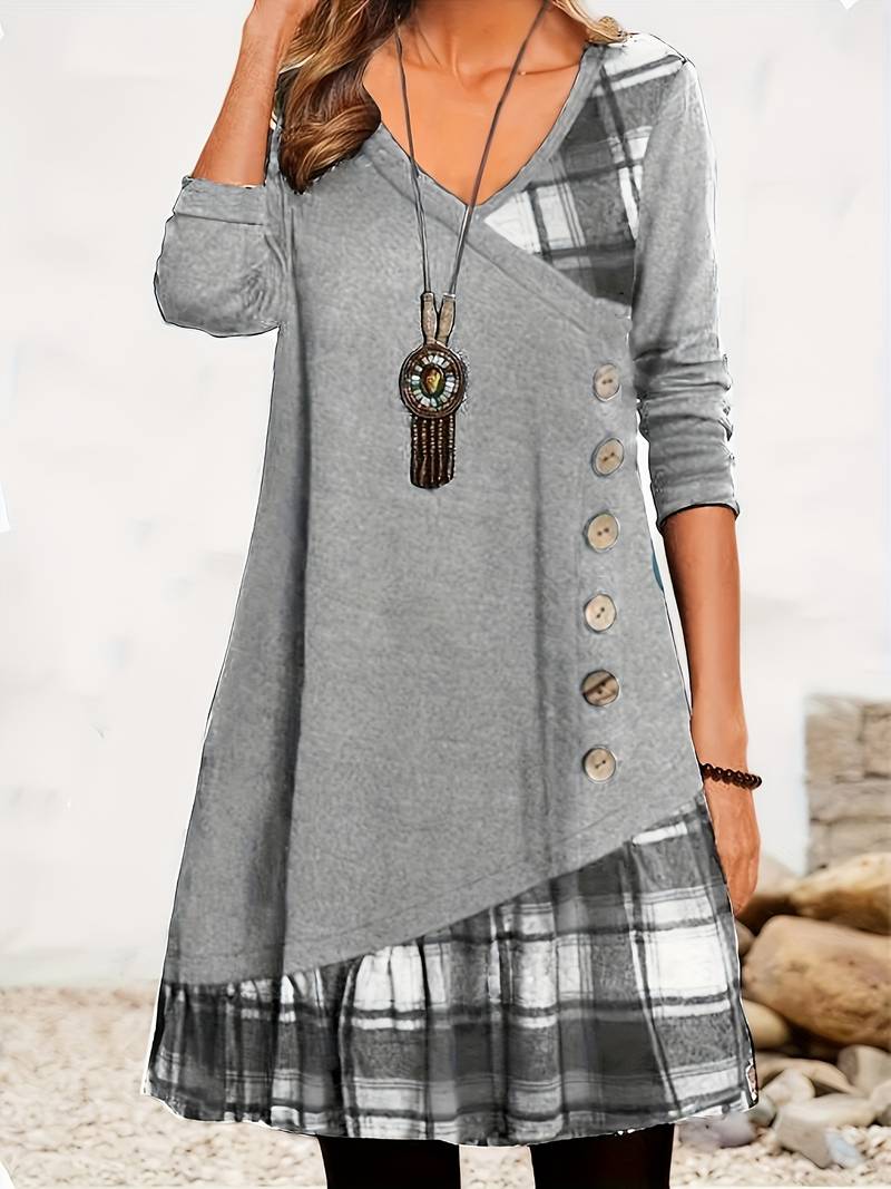Alinor - Rochie Casual cu Mâneci Lungi în Carouri și Patchwork