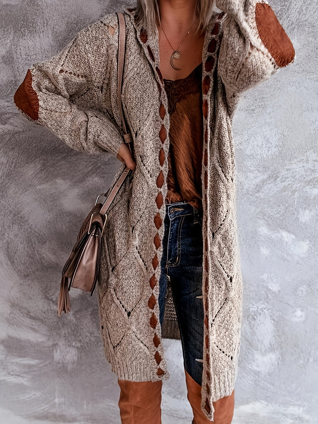Mohina - Cardigan Lung Tricotat în Stil Patchwork
