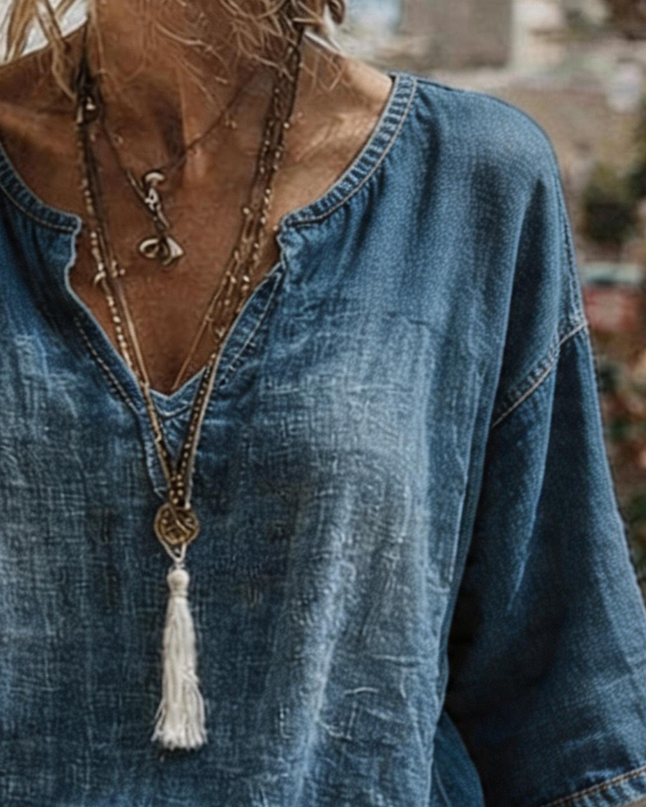 Syleena – Bluză Din Denim Cu Decolteu în V și Mâneci Scurte