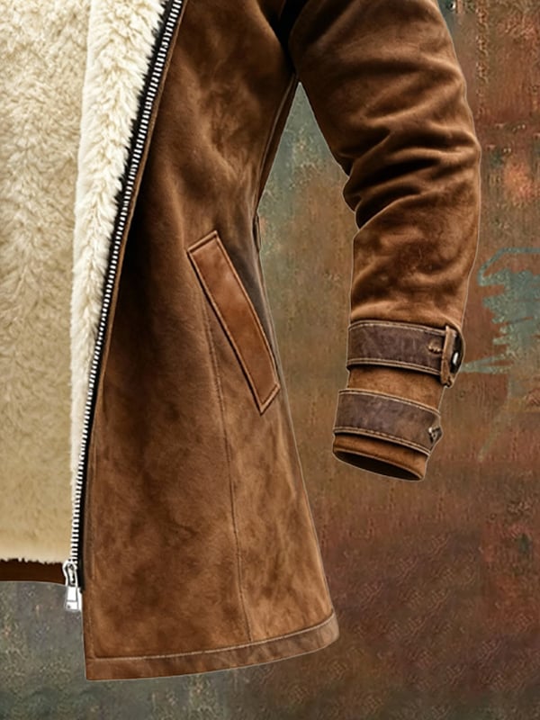 Rakibul - Palton Retro Din Piele și Piele întoarsă Cu Design Patchwork