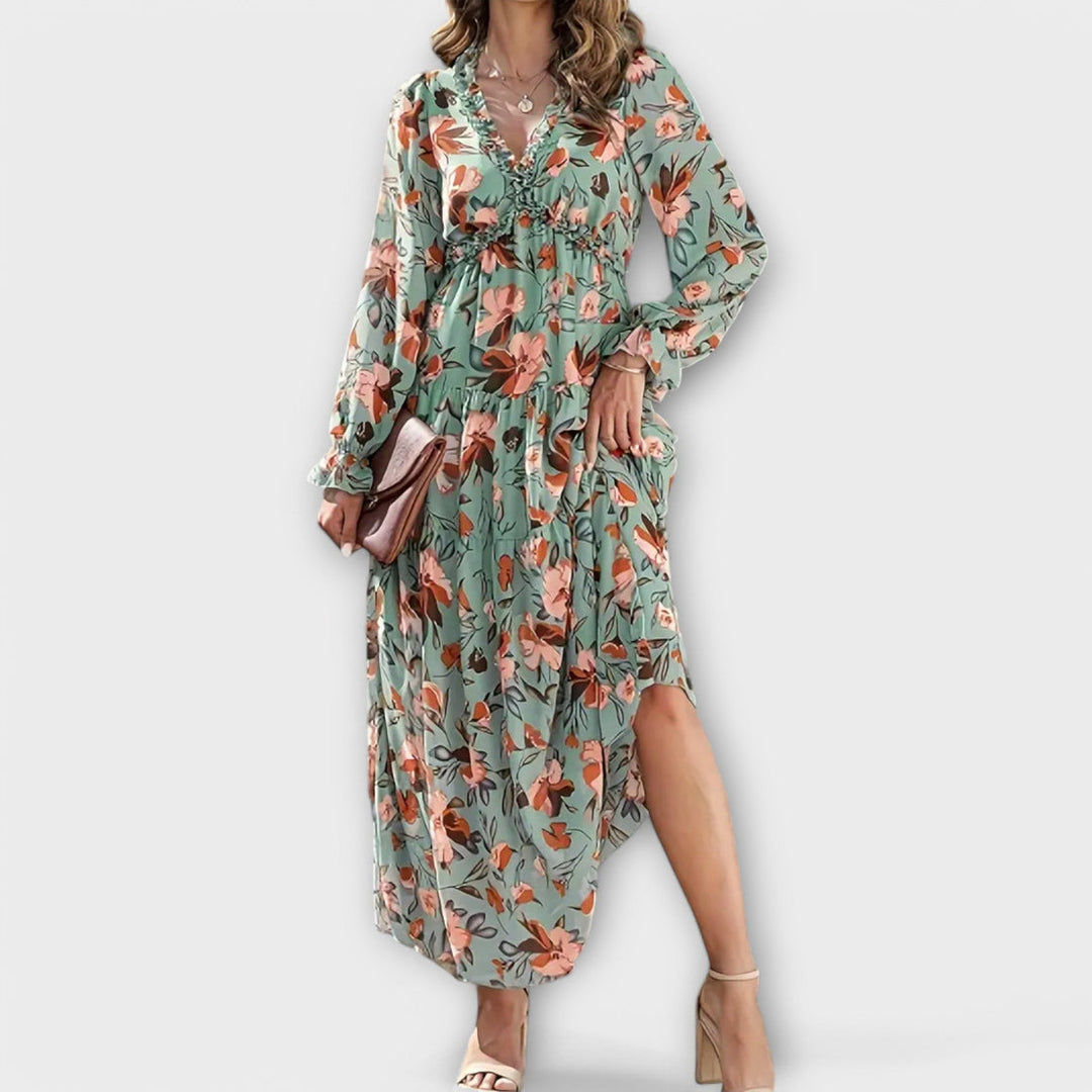 Lukrecija - Rochie lungă cu Imprimeu Floral și Decolteu în V