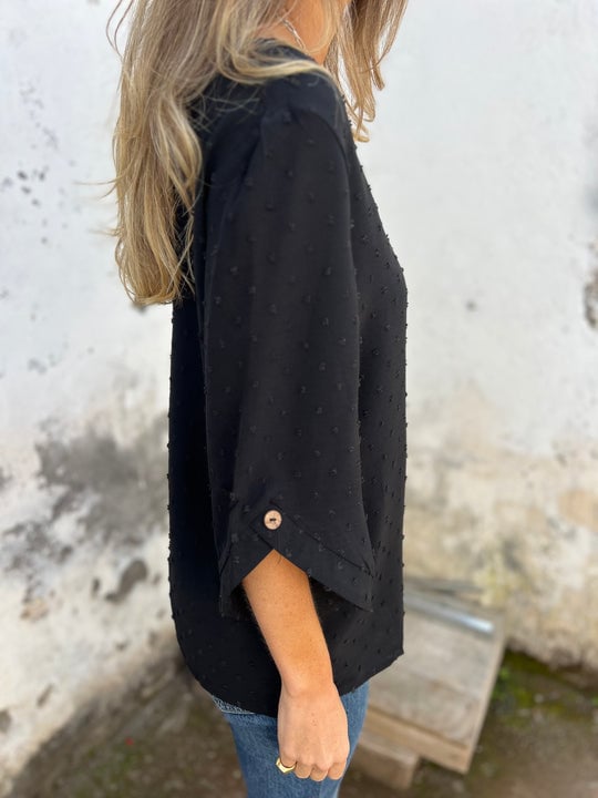 Lyutsiya - Cămașă Cazuală Cu Guler Rotund și Manșete Mari Brodate