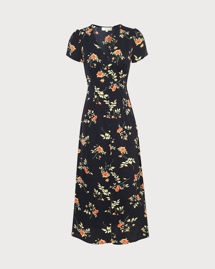 Kambria - Rochie Midi Cu Mâneci Scurte Si Flori