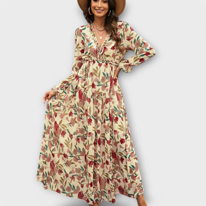 Lukrecija - Rochie lungă cu Imprimeu Floral și Decolteu în V