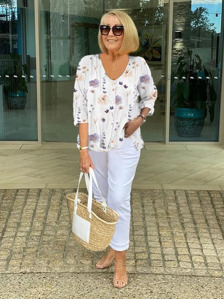 Teresa - Bluză Elegantă Cu Imprimeu Floral și Nasturi