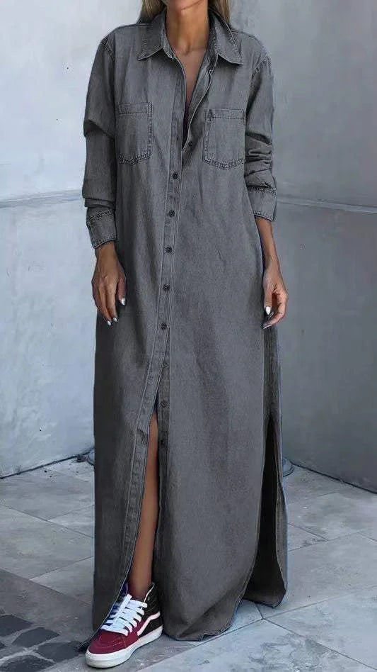 Chondona - Rochie Din Denim Cu Mâneci Lungi Și Revere