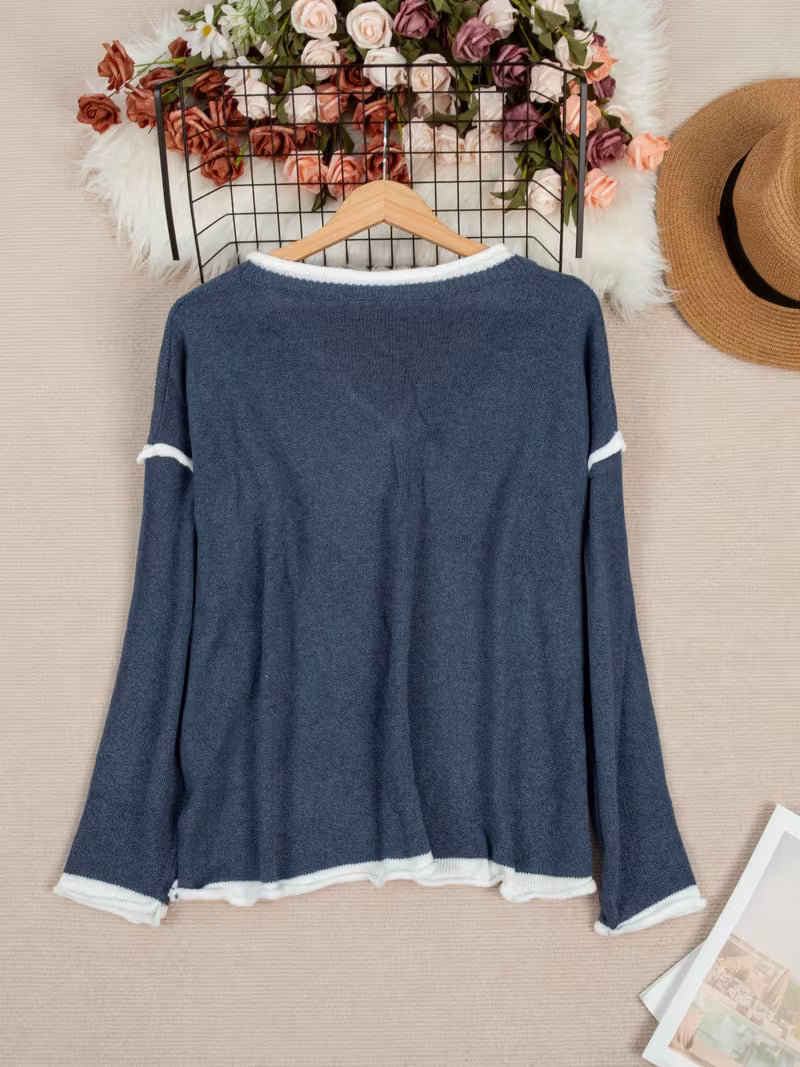 Ginny - Pulover Casual Cu Mâneci Lungi și Decolteu în V