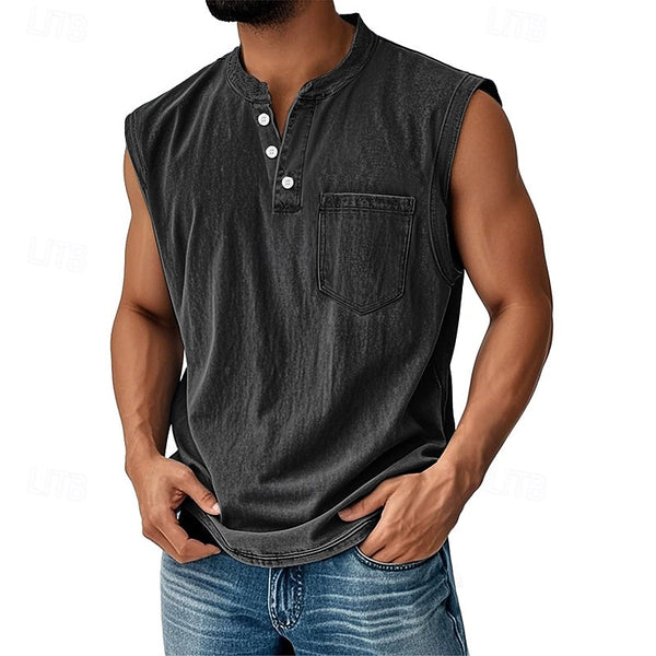 Latrell – Tricou Fără Mâneci Tip Henley, cu Buzunar