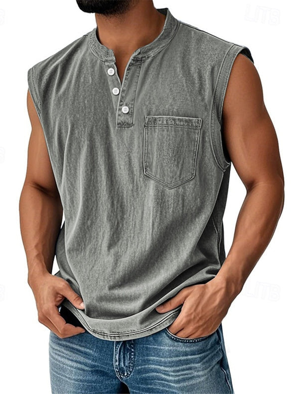 Latrell – Tricou Fără Mâneci Tip Henley, cu Buzunar