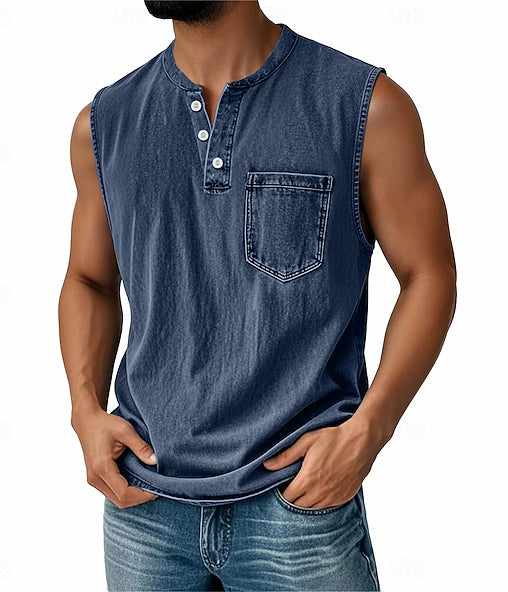 Latrell – Tricou Fără Mâneci Tip Henley, cu Buzunar