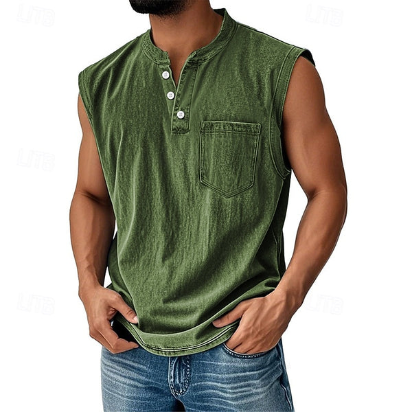 Latrell – Tricou Fără Mâneci Tip Henley, cu Buzunar