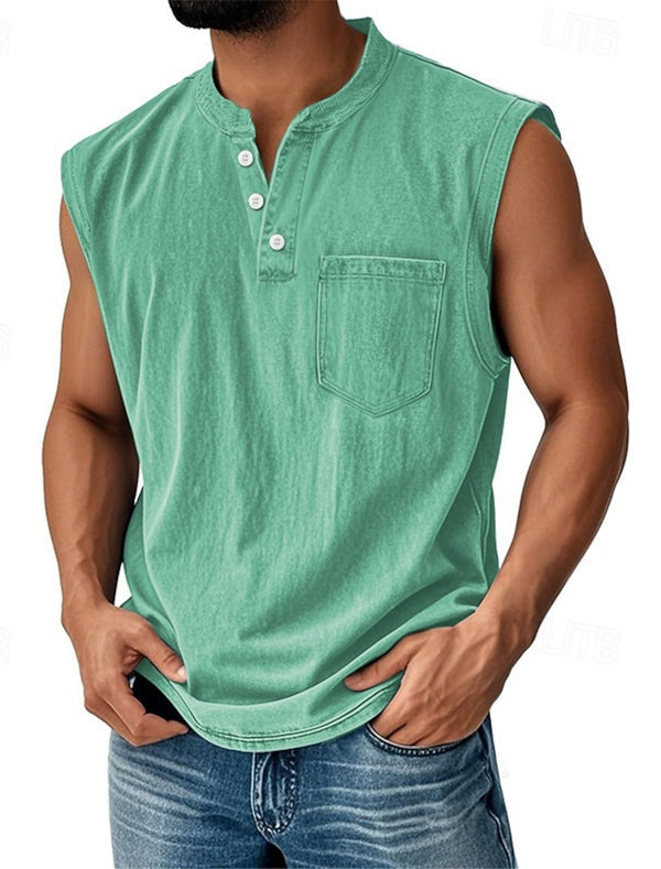 Latrell – Tricou Fără Mâneci Tip Henley, cu Buzunar