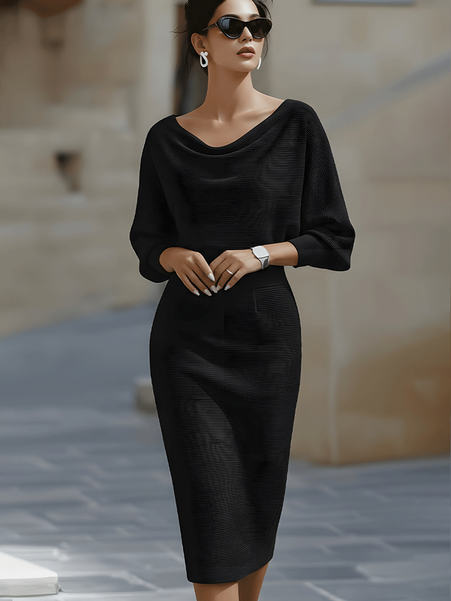 Amyy - Rochie Midi Elegantă Cu Mâneci Lungi