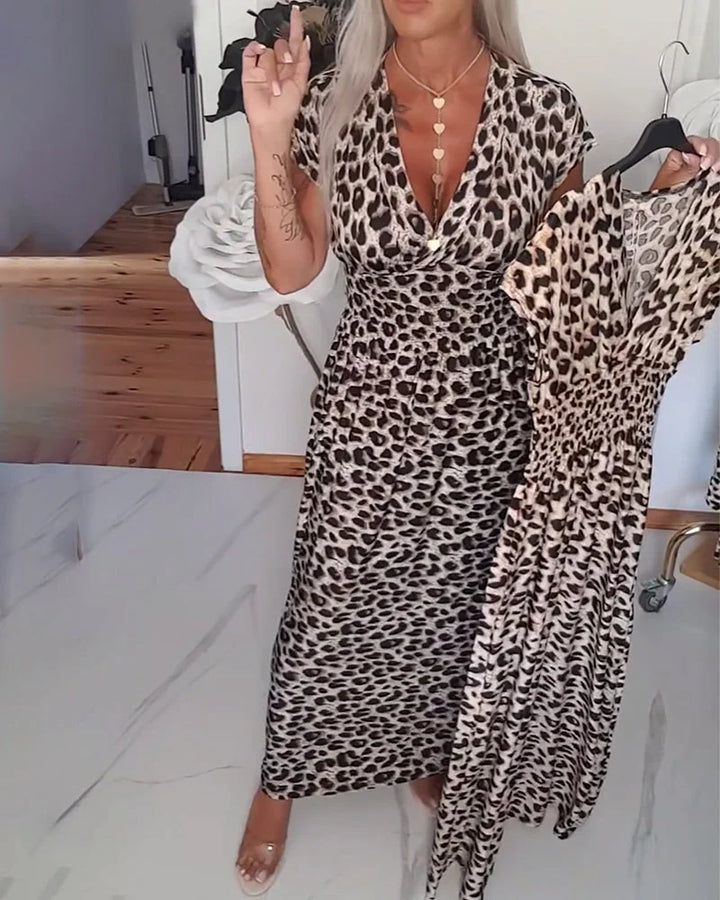 Erendira - Rochie Elegantă Cu Decolteu în V și Imprimeu Leopard