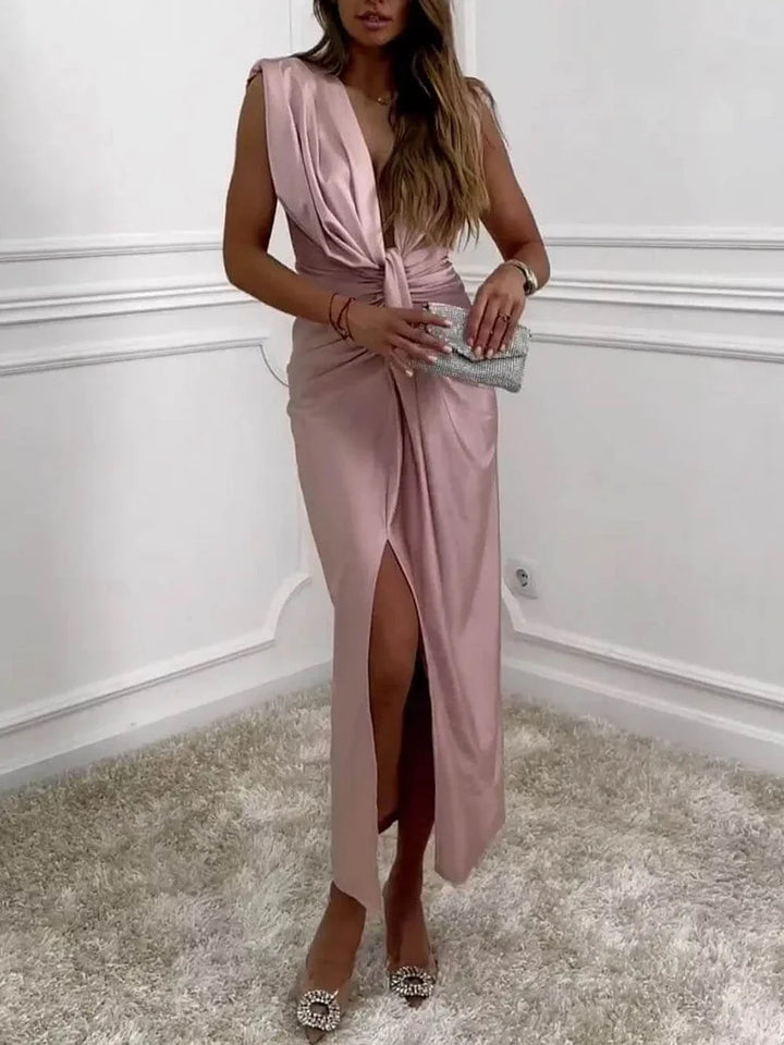 Jolira - Rochie Midi Clasică Cu Fanta Drapată Si Volane