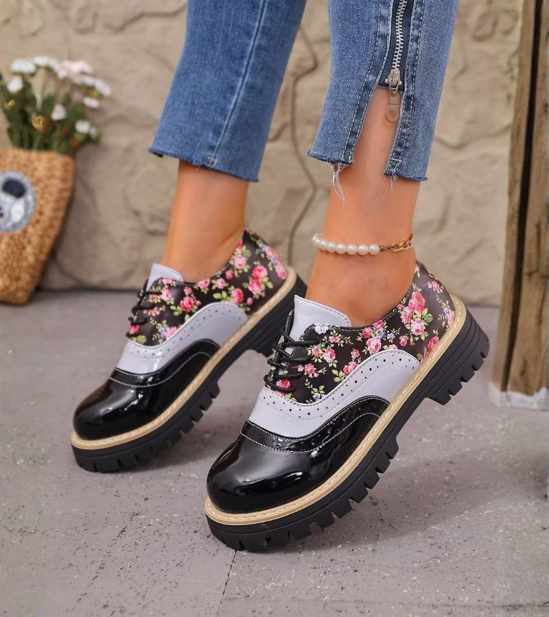 Kiela – Pantofi Oxford Cu Imprimeu Floral Și Talpă Groasă Cu Crampoane