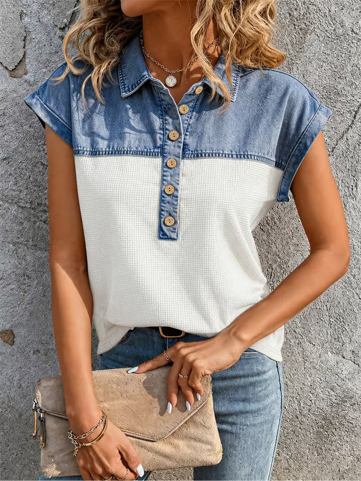 Haily - Bluză Casual Din Denim cu Guler Patchwork și Mâneci scurte