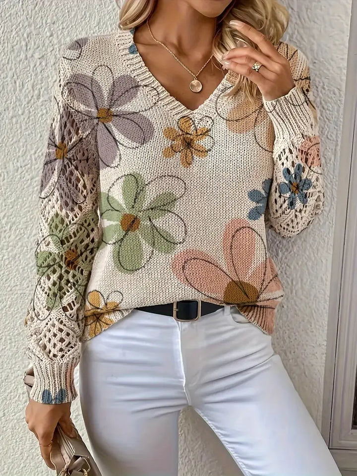 Marzena - Pulover Elegant Cu Mâneci Lungi și Imprimeu Floral