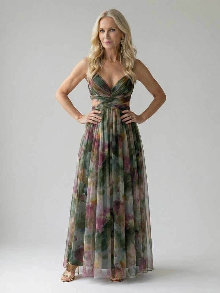 Xeenia - Rochie Maxi Elegantă Din șifon Cu Decupaje