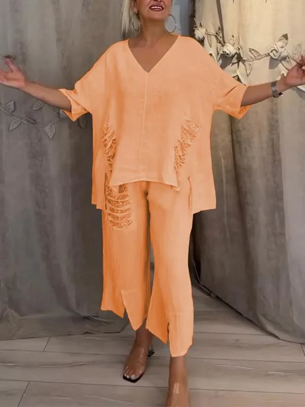 Himashi - Costum Elegant Din Două Piese Din Bumbac și In Cu Decolteu în V