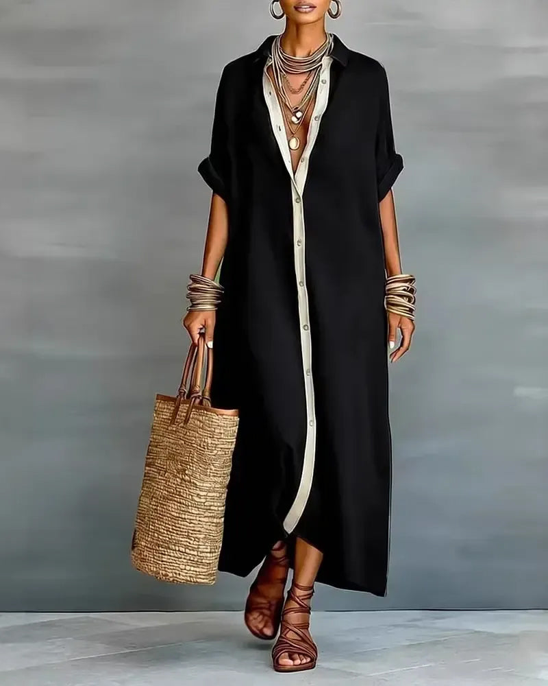 Nerena - Rochie-Cămașă Elegantă, Cu Guler Decupat și Drapaj